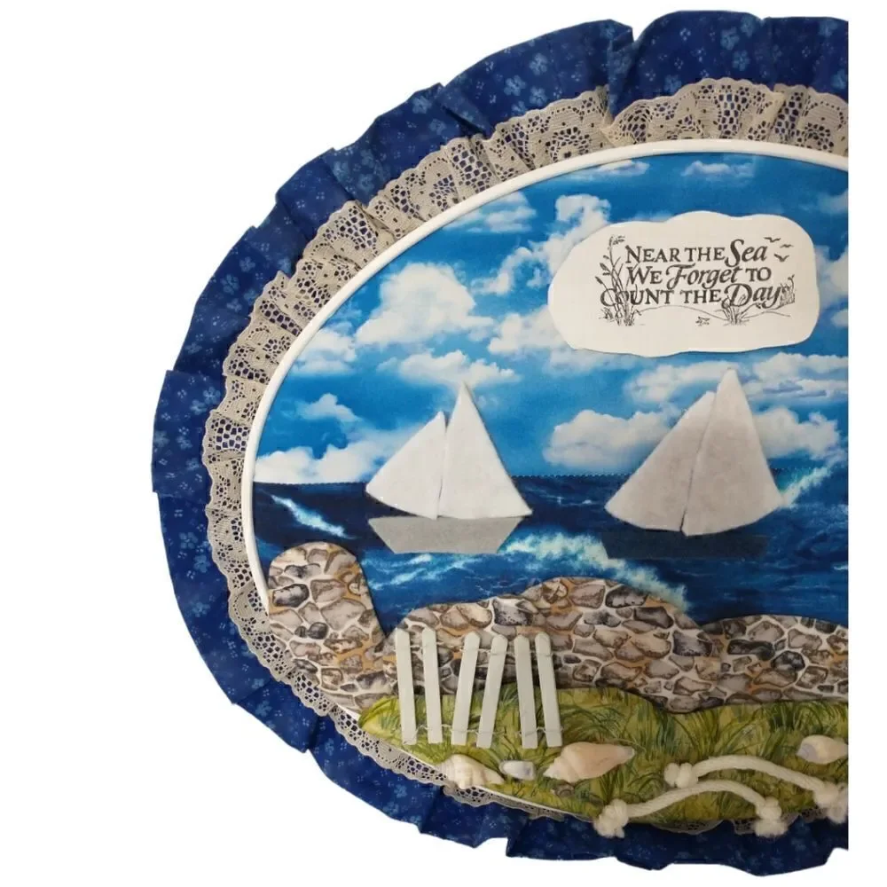 Vtg‎ Handmade Beach Wall Art Near The Sea Quilted Shells Lighthouse Beach House.